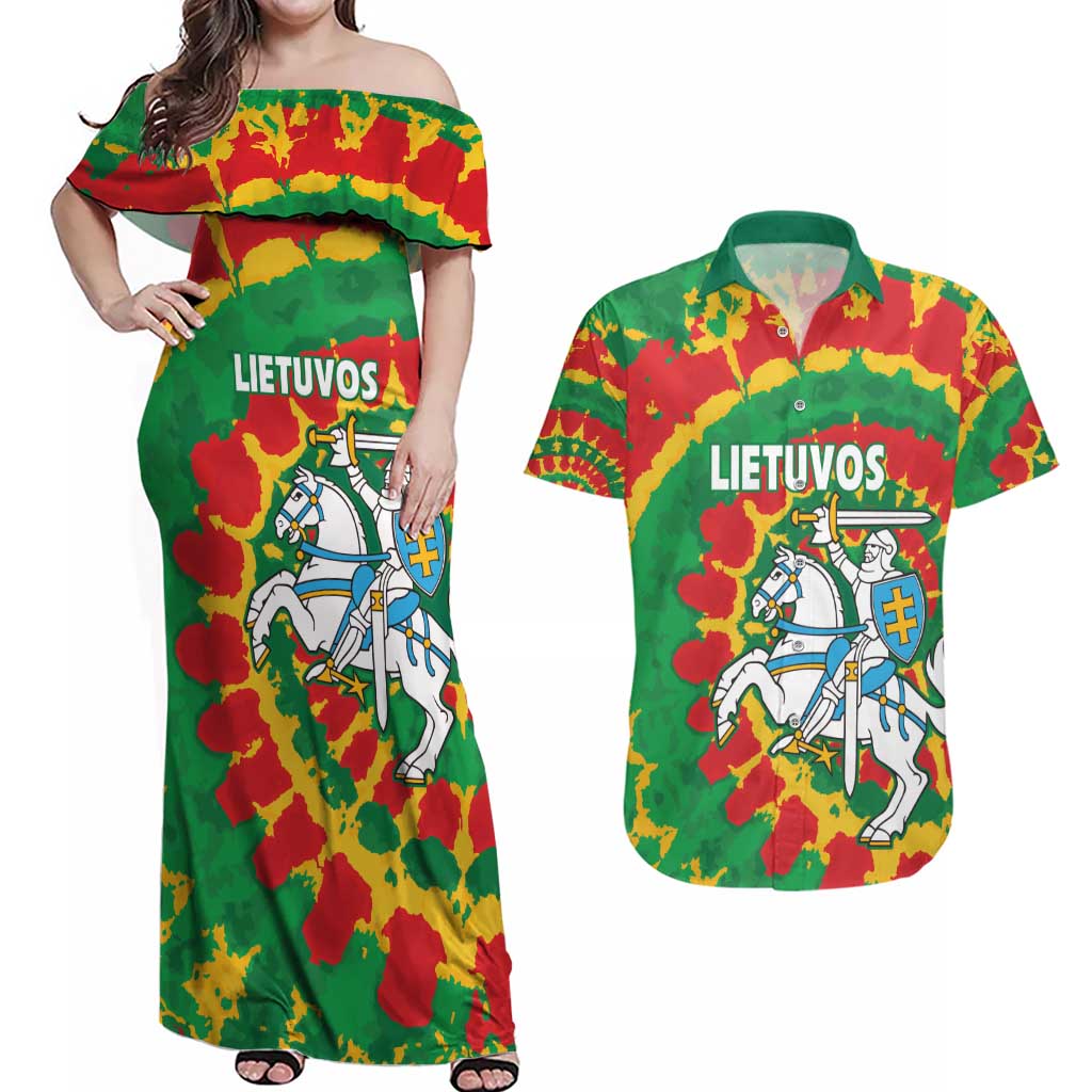 Lithuania Tie Dye Retro Basketball 1992 Personalized Couples Matching Off Shoulder Maxi Dress and Hawaiian Shirt