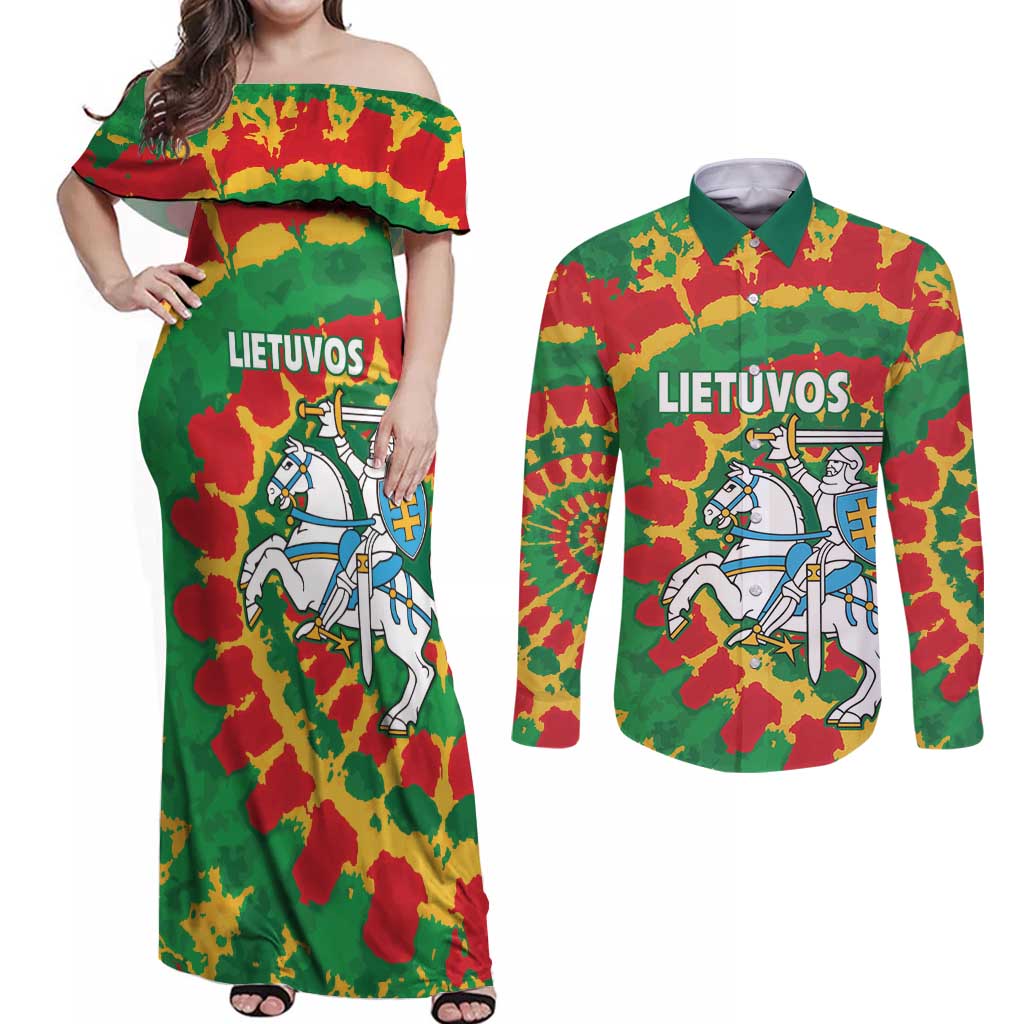 Lithuania Tie Dye Retro Basketball 1992 Personalized Couples Matching Off Shoulder Maxi Dress and Long Sleeve Button Shirt