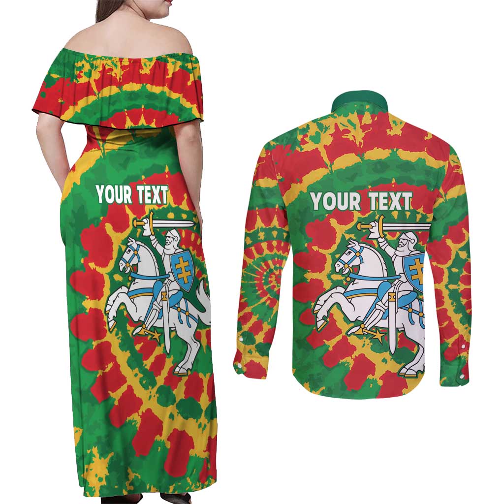 Lithuania Tie Dye Retro Basketball 1992 Personalized Couples Matching Off Shoulder Maxi Dress and Long Sleeve Button Shirt