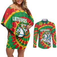 Lithuania Tie Dye Retro Basketball 1992 Personalized Couples Matching Off Shoulder Short Dress and Long Sleeve Button Shirt