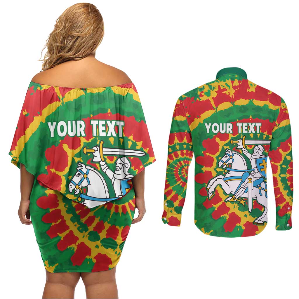 Lithuania Tie Dye Retro Basketball 1992 Personalized Couples Matching Off Shoulder Short Dress and Long Sleeve Button Shirt