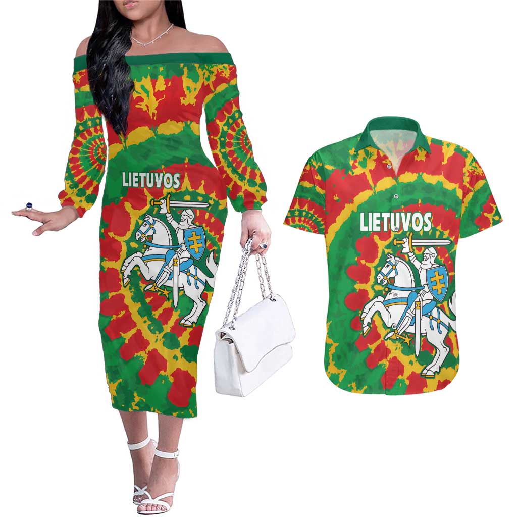 Lithuania Tie Dye Retro Basketball 1992 Personalized Couples Matching Off The Shoulder Long Sleeve Dress and Hawaiian Shirt