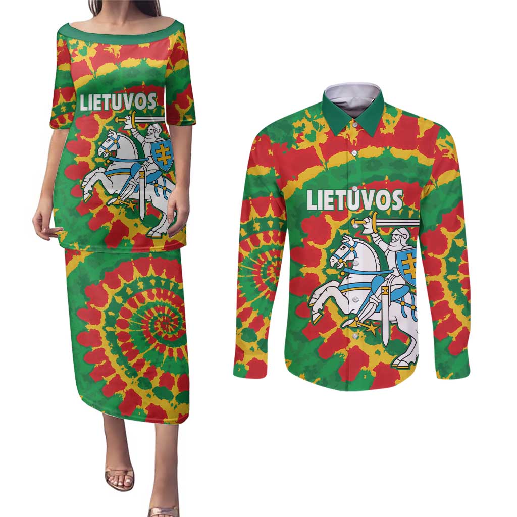 Lithuania Tie Dye Retro Basketball 1992 Personalized Couples Matching Puletasi and Long Sleeve Button Shirt