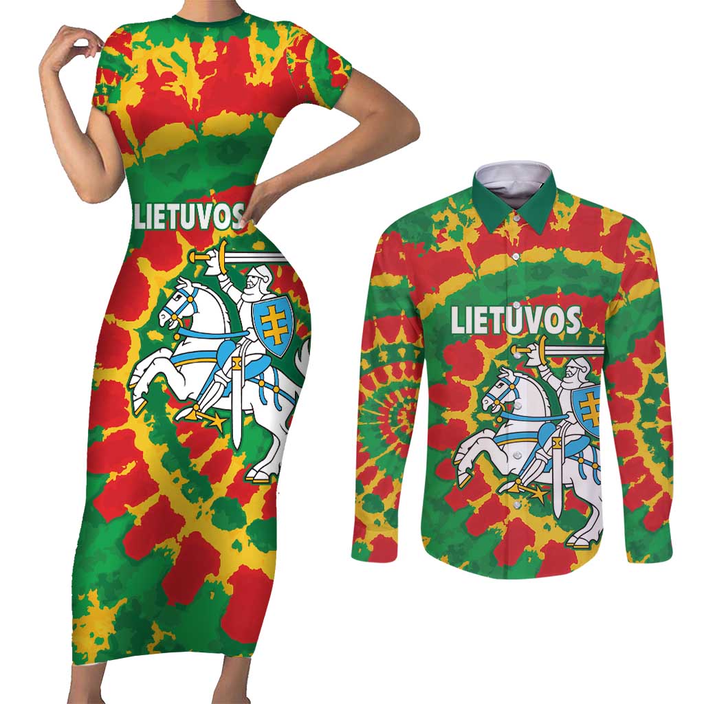 Lithuania Tie Dye Retro Basketball 1992 Personalized Couples Matching Short Sleeve Bodycon Dress and Long Sleeve Button Shirt