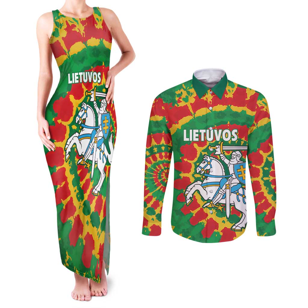 Lithuania Tie Dye Retro Basketball 1992 Personalized Couples Matching Tank Maxi Dress and Long Sleeve Button Shirt