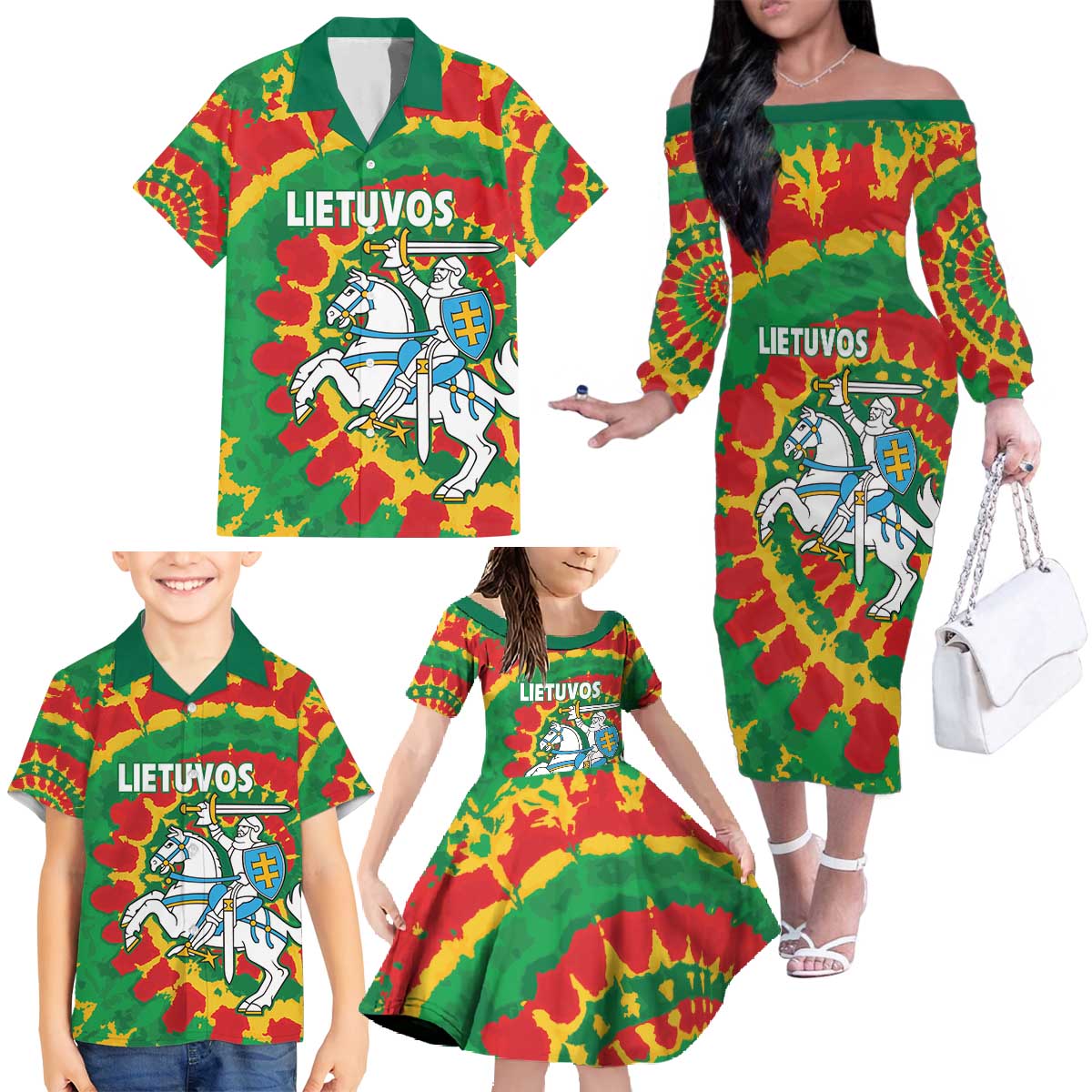Lithuania Tie Dye Retro Basketball 1992 Personalized Family Matching Off The Shoulder Long Sleeve Dress and Hawaiian Shirt