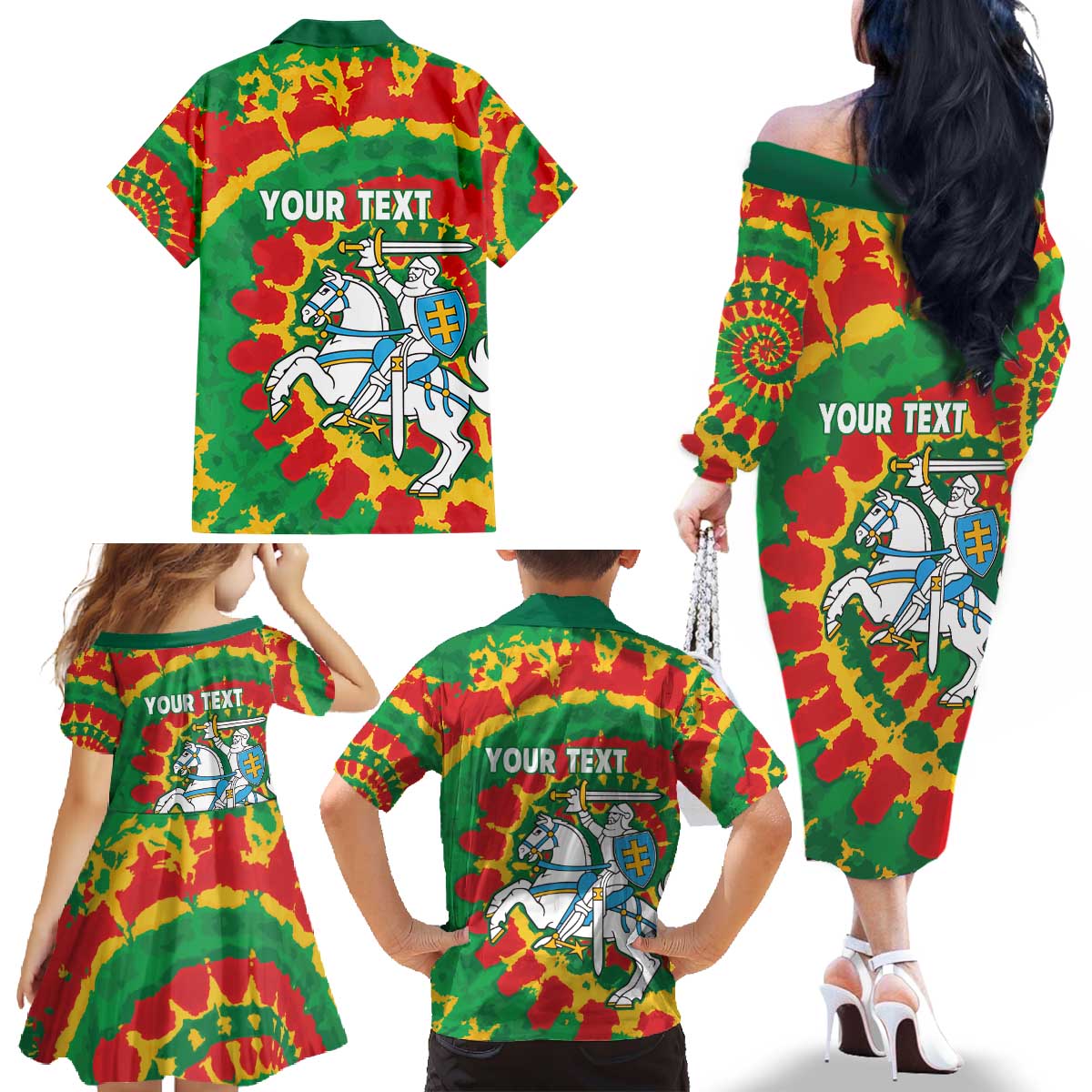 Lithuania Tie Dye Retro Basketball 1992 Personalized Family Matching Off The Shoulder Long Sleeve Dress and Hawaiian Shirt