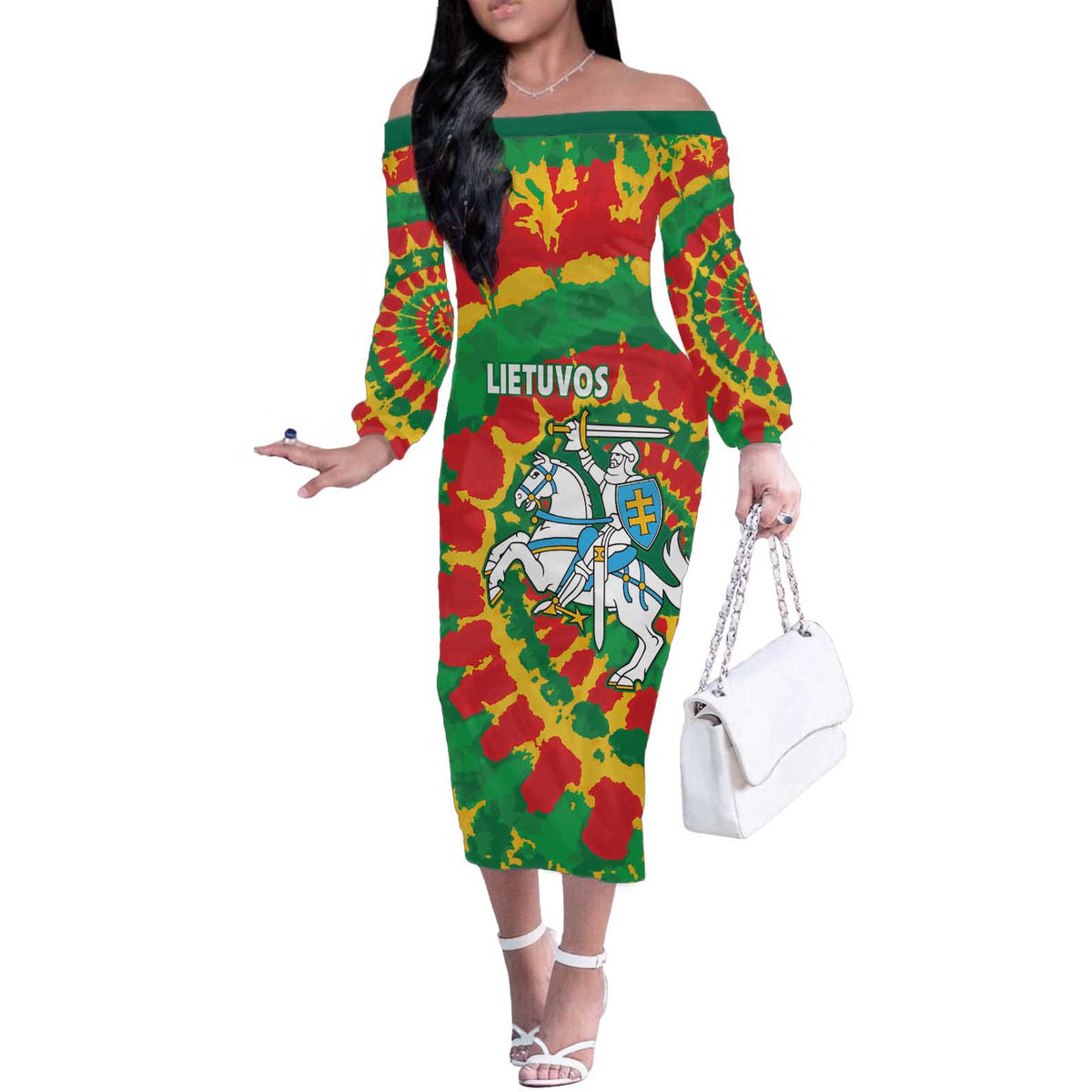 Lithuania Tie Dye Retro Basketball 1992 Personalized Off The Shoulder Long Sleeve Dress