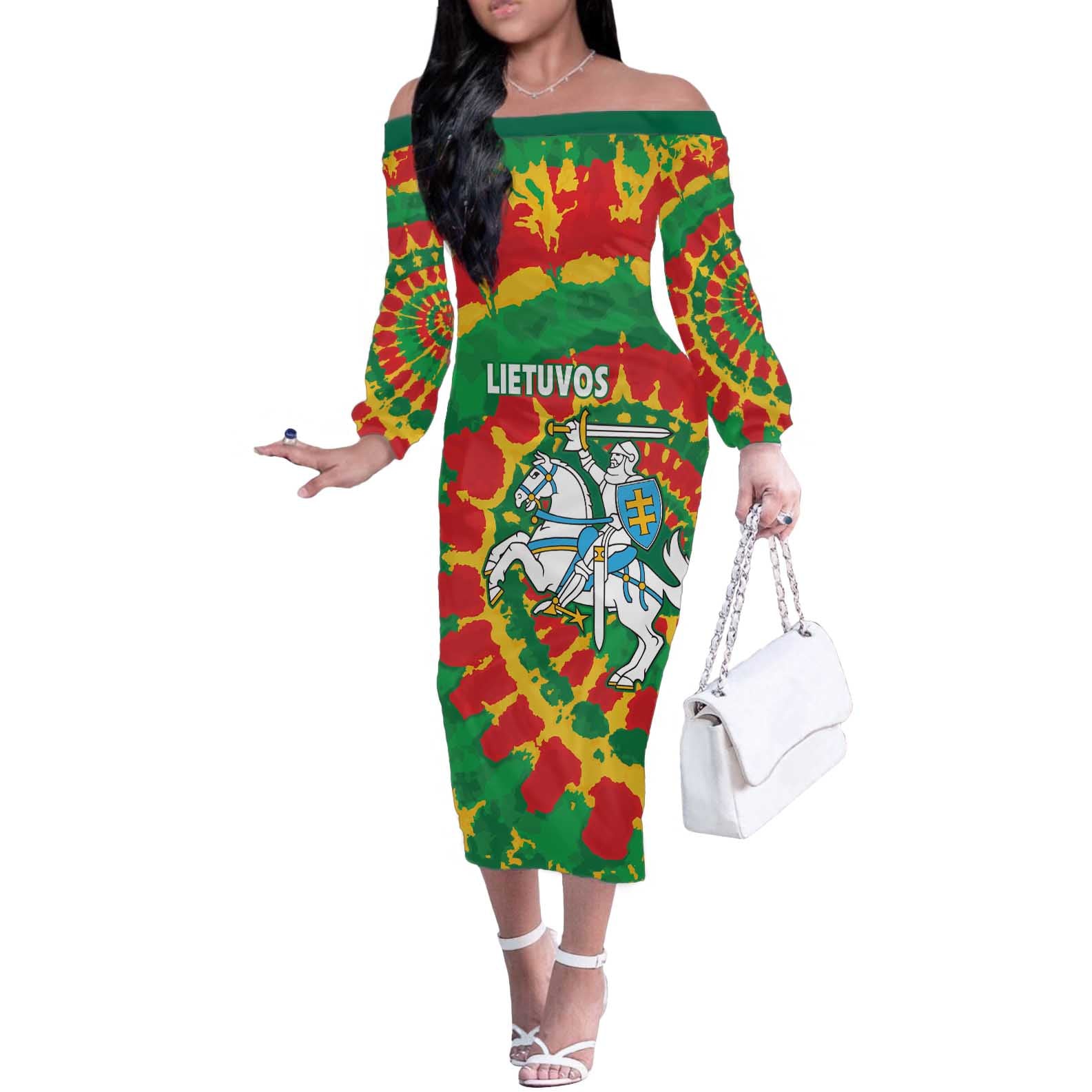 Lithuania Tie Dye Retro Basketball 1992 Personalized Off The Shoulder Long Sleeve Dress