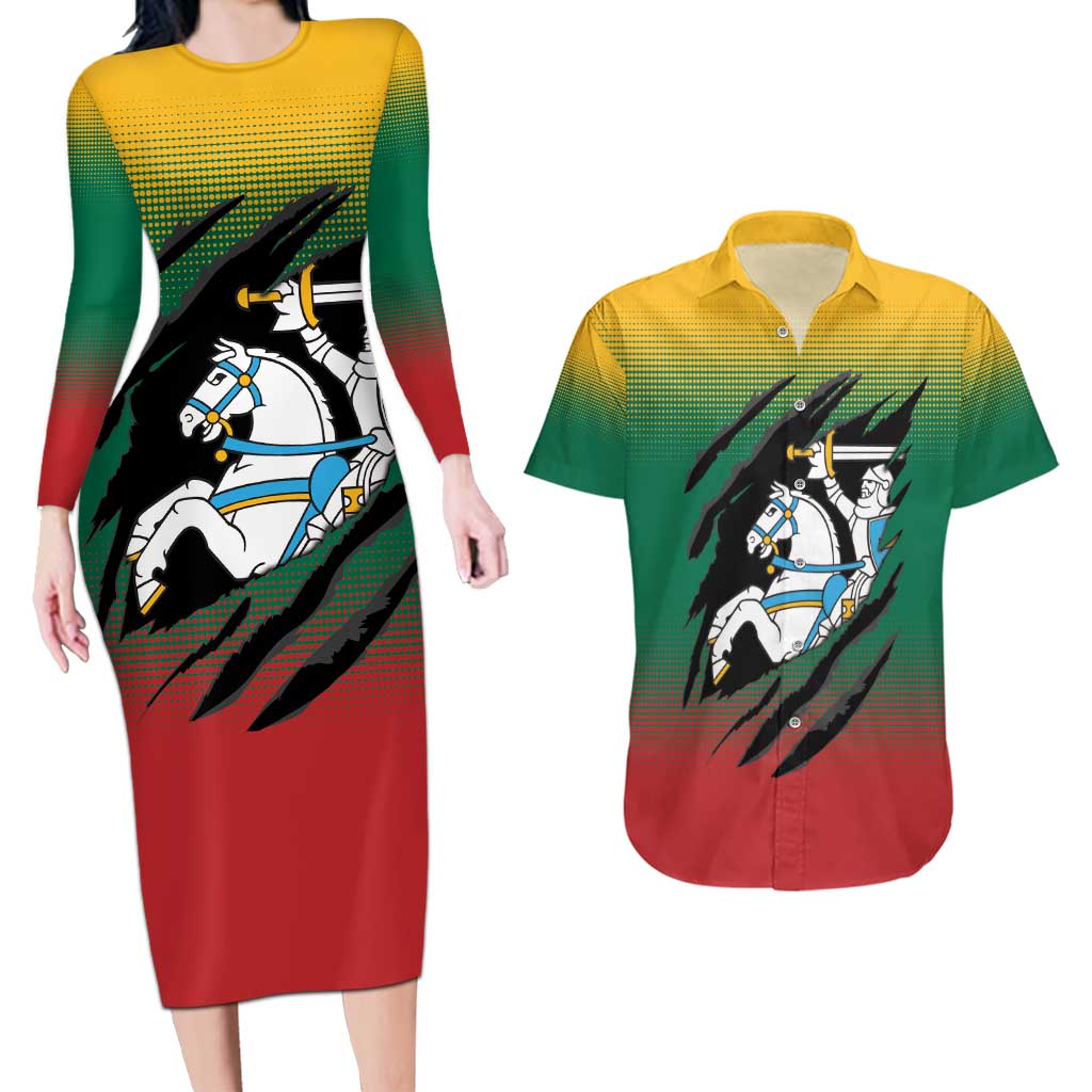 Lithuania Vytis Couples Matching Long Sleeve Bodycon Dress and Hawaiian Shirt Lietuvos Chasing and Fighting