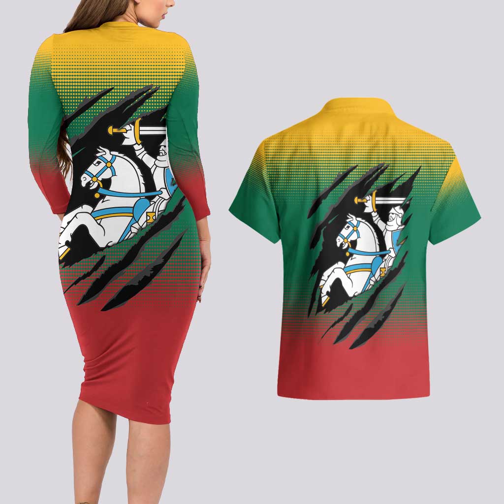 Lithuania Vytis Couples Matching Long Sleeve Bodycon Dress and Hawaiian Shirt Lietuvos Chasing and Fighting