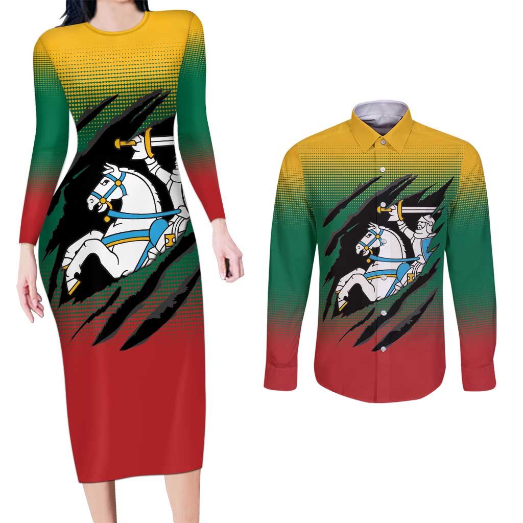 Lithuania Vytis Couples Matching Long Sleeve Bodycon Dress and Long Sleeve Button Shirt Lietuvos Chasing and Fighting