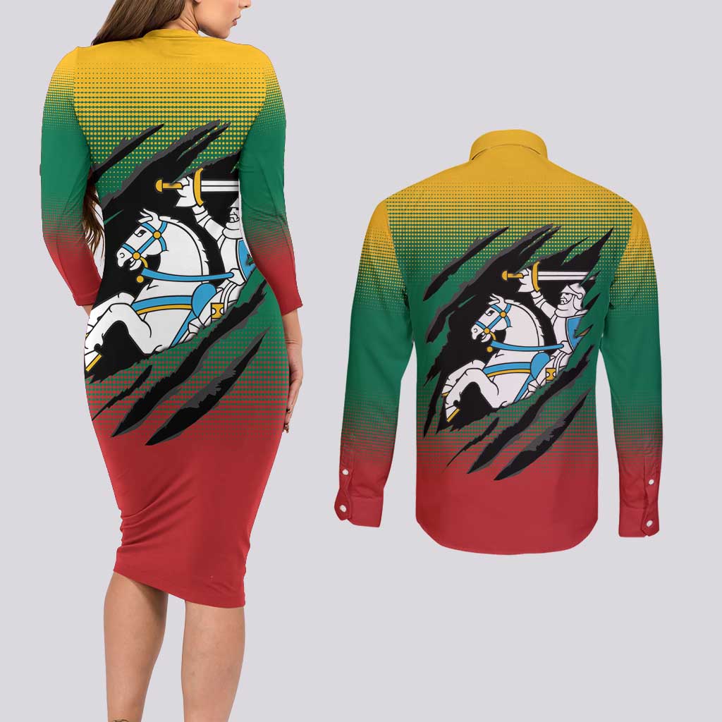 Lithuania Vytis Couples Matching Long Sleeve Bodycon Dress and Long Sleeve Button Shirt Lietuvos Chasing and Fighting