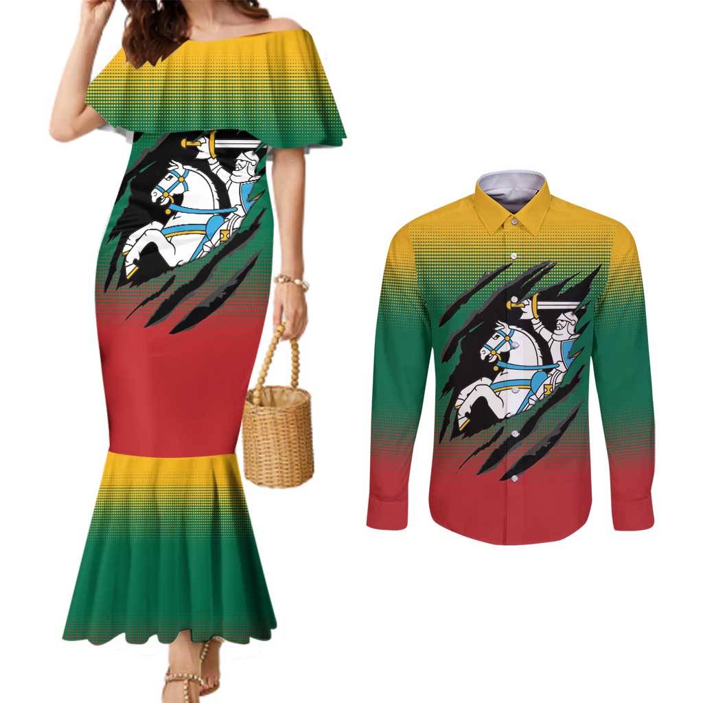 Lithuania Vytis Couples Matching Mermaid Dress and Long Sleeve Button Shirt Lietuvos Chasing and Fighting