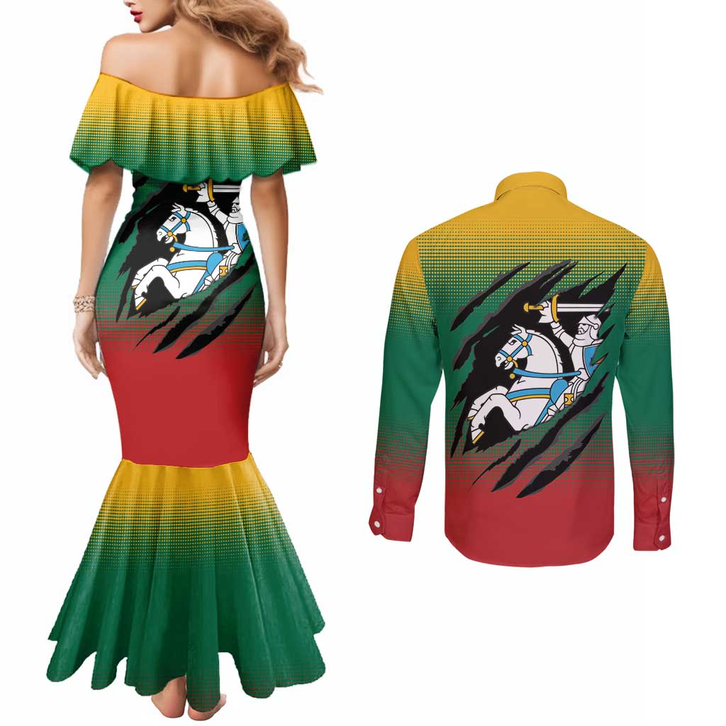 Lithuania Vytis Couples Matching Mermaid Dress and Long Sleeve Button Shirt Lietuvos Chasing and Fighting