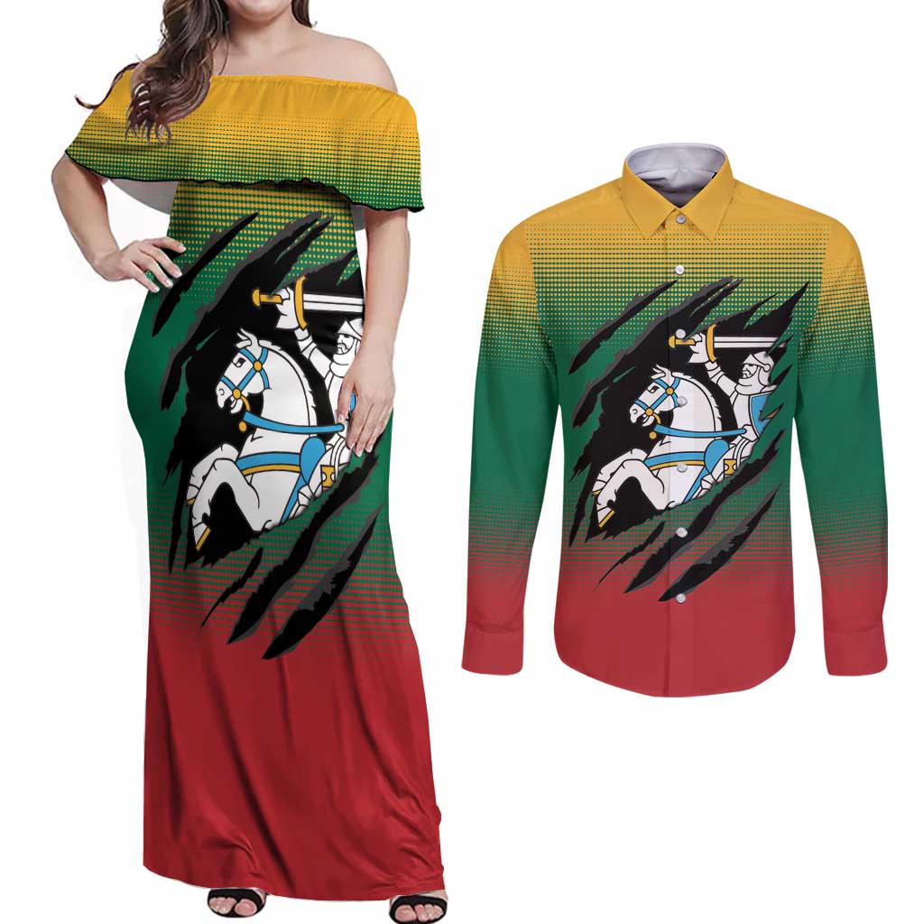 Lithuania Vytis Couples Matching Off Shoulder Maxi Dress and Long Sleeve Button Shirt Lietuvos Chasing and Fighting