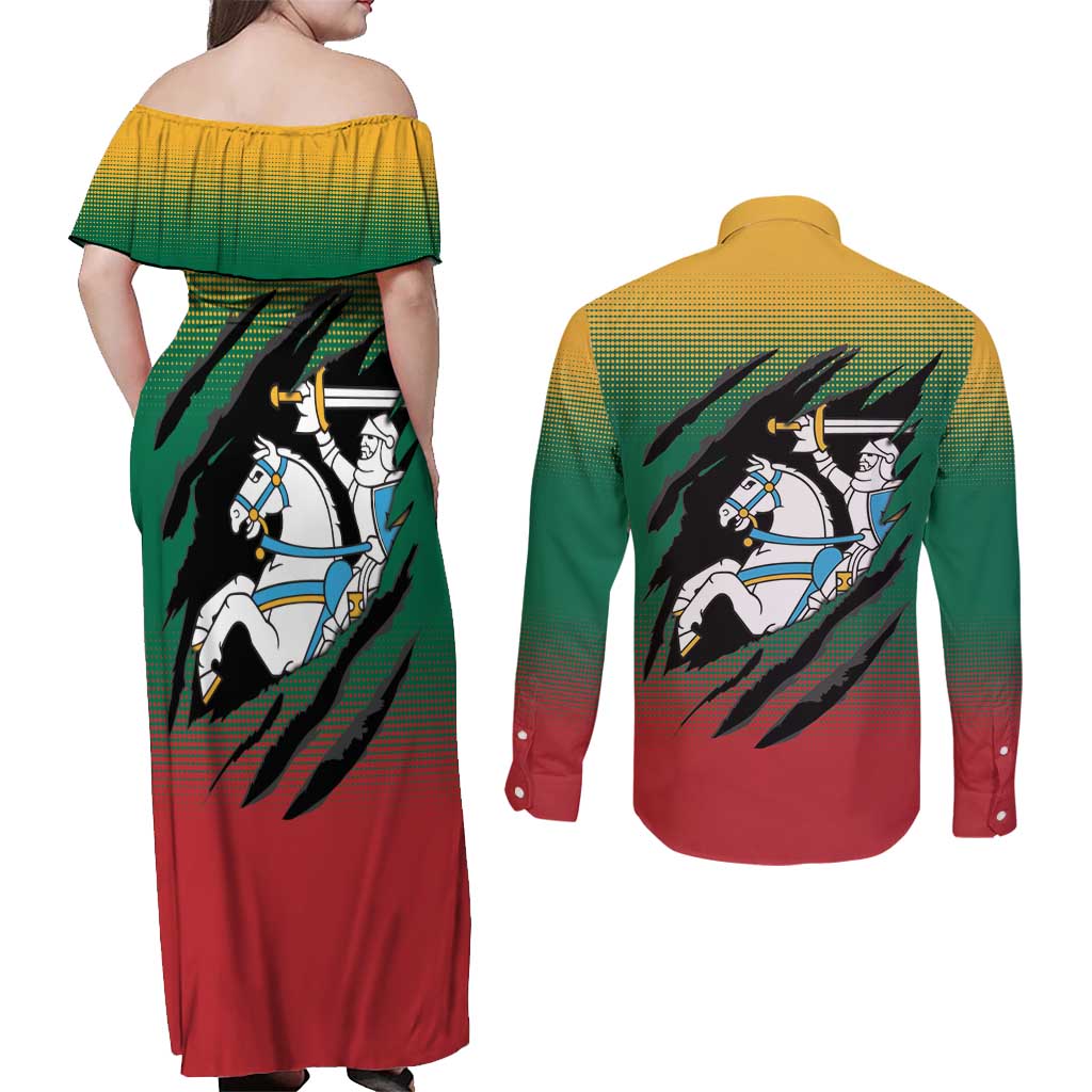 Lithuania Vytis Couples Matching Off Shoulder Maxi Dress and Long Sleeve Button Shirt Lietuvos Chasing and Fighting