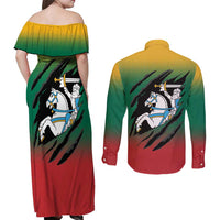 Lithuania Vytis Couples Matching Off Shoulder Maxi Dress and Long Sleeve Button Shirt Lietuvos Chasing and Fighting
