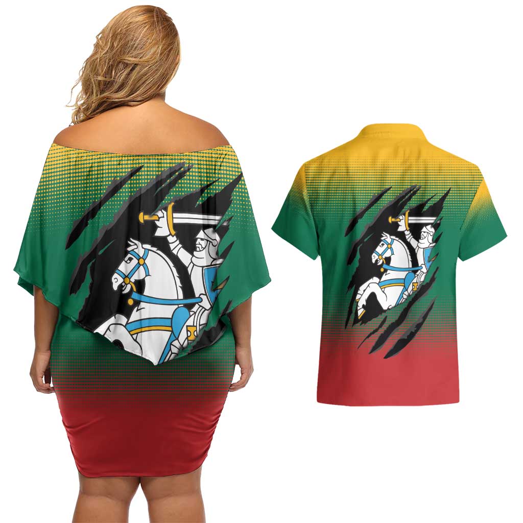 Lithuania Vytis Couples Matching Off Shoulder Short Dress and Hawaiian Shirt Lietuvos Chasing and Fighting