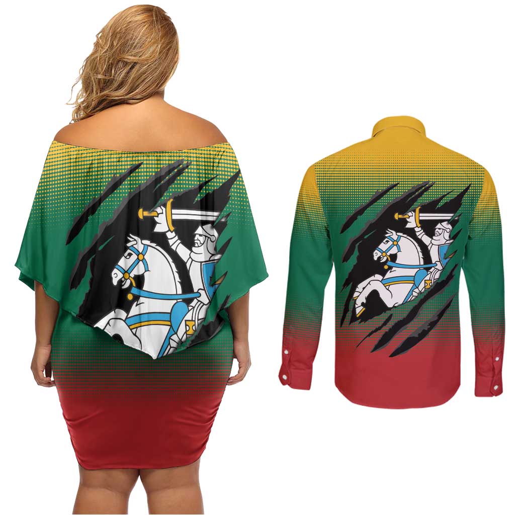 Lithuania Vytis Couples Matching Off Shoulder Short Dress and Long Sleeve Button Shirt Lietuvos Chasing and Fighting