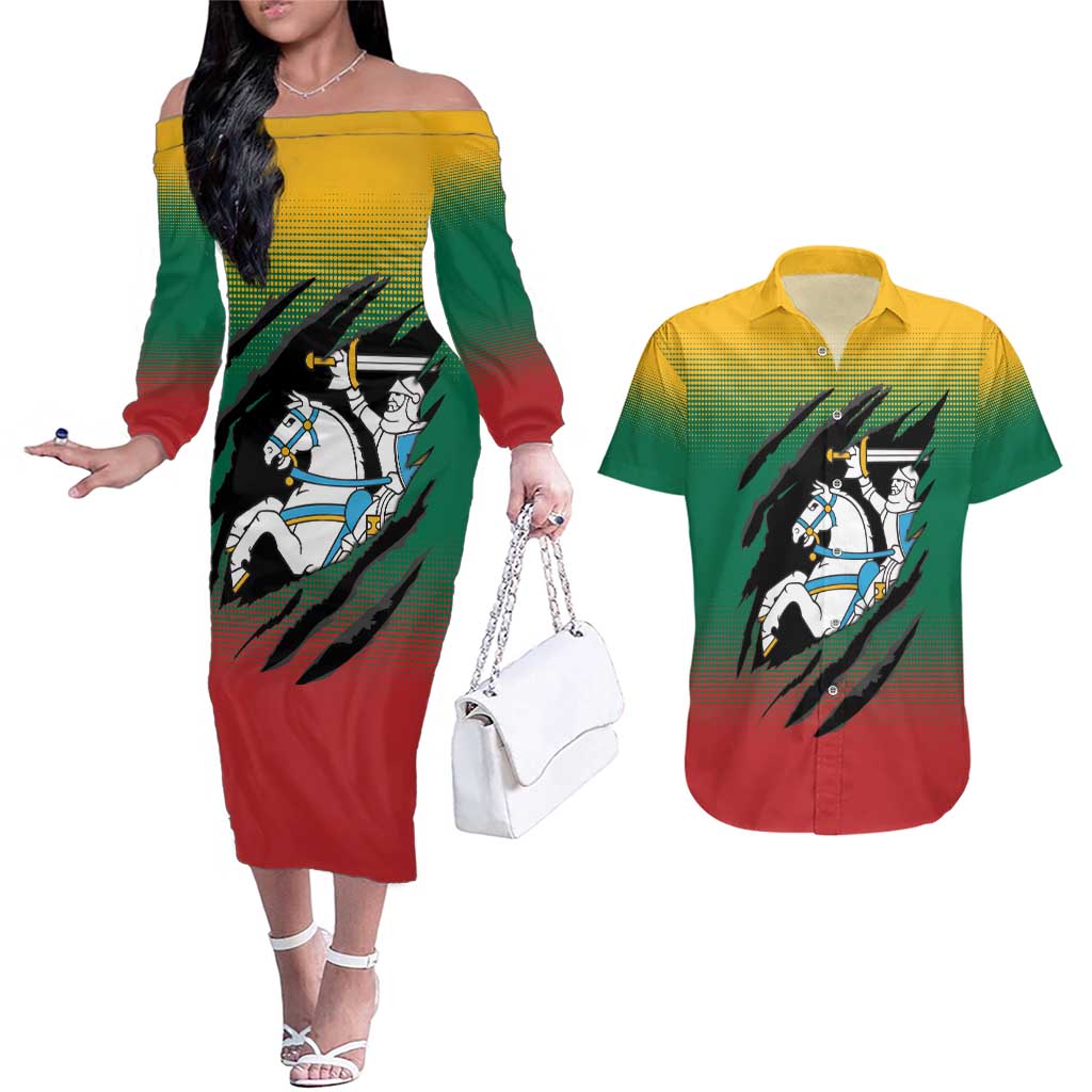 Lithuania Vytis Couples Matching Off The Shoulder Long Sleeve Dress and Hawaiian Shirt Lietuvos Chasing and Fighting