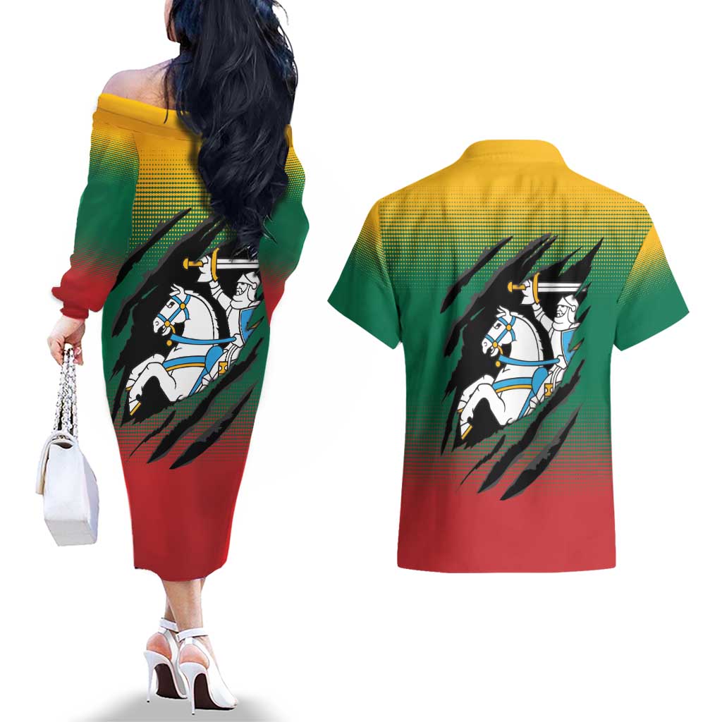 Lithuania Vytis Couples Matching Off The Shoulder Long Sleeve Dress and Hawaiian Shirt Lietuvos Chasing and Fighting
