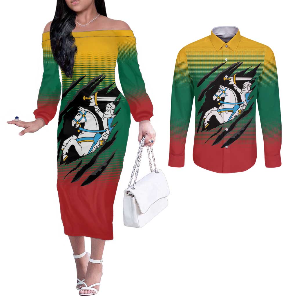 Lithuania Vytis Couples Matching Off The Shoulder Long Sleeve Dress and Long Sleeve Button Shirt Lietuvos Chasing and Fighting