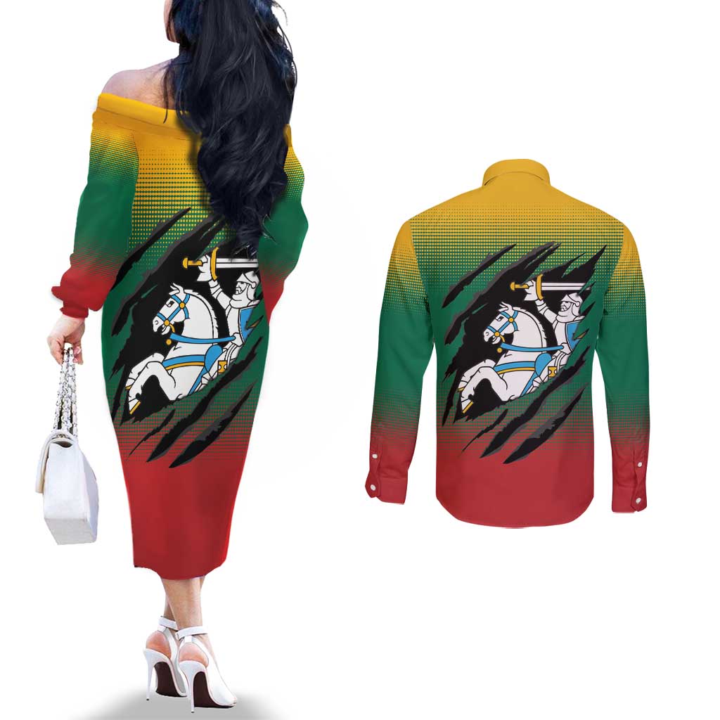 Lithuania Vytis Couples Matching Off The Shoulder Long Sleeve Dress and Long Sleeve Button Shirt Lietuvos Chasing and Fighting