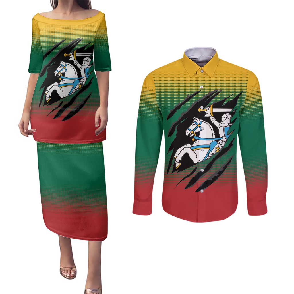 Lithuania Vytis Couples Matching Puletasi and Long Sleeve Button Shirt Lietuvos Chasing and Fighting