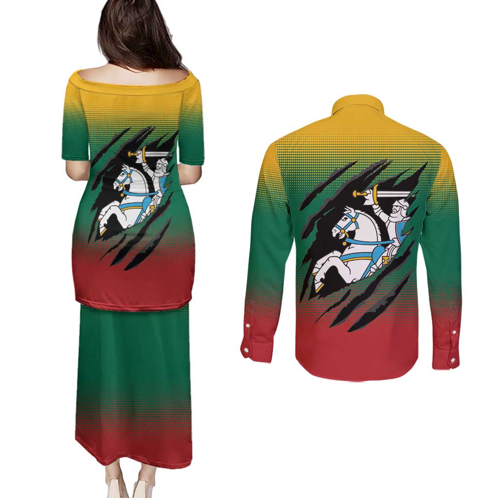 Lithuania Vytis Couples Matching Puletasi and Long Sleeve Button Shirt Lietuvos Chasing and Fighting