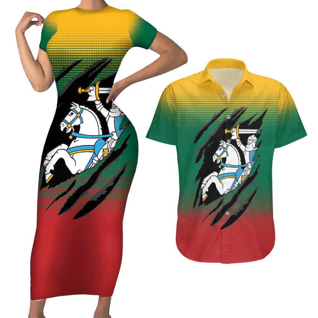 Lithuania Vytis Couples Matching Short Sleeve Bodycon Dress and Hawaiian Shirt Lietuvos Chasing and Fighting
