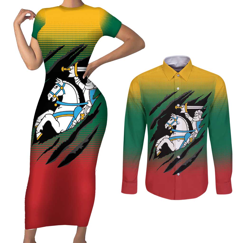 Lithuania Vytis Couples Matching Short Sleeve Bodycon Dress and Long Sleeve Button Shirt Lietuvos Chasing and Fighting