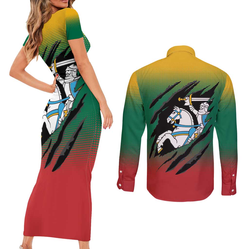 Lithuania Vytis Couples Matching Short Sleeve Bodycon Dress and Long Sleeve Button Shirt Lietuvos Chasing and Fighting
