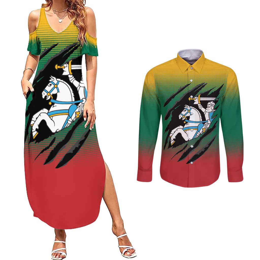 Lithuania Vytis Couples Matching Summer Maxi Dress and Long Sleeve Button Shirt Lietuvos Chasing and Fighting