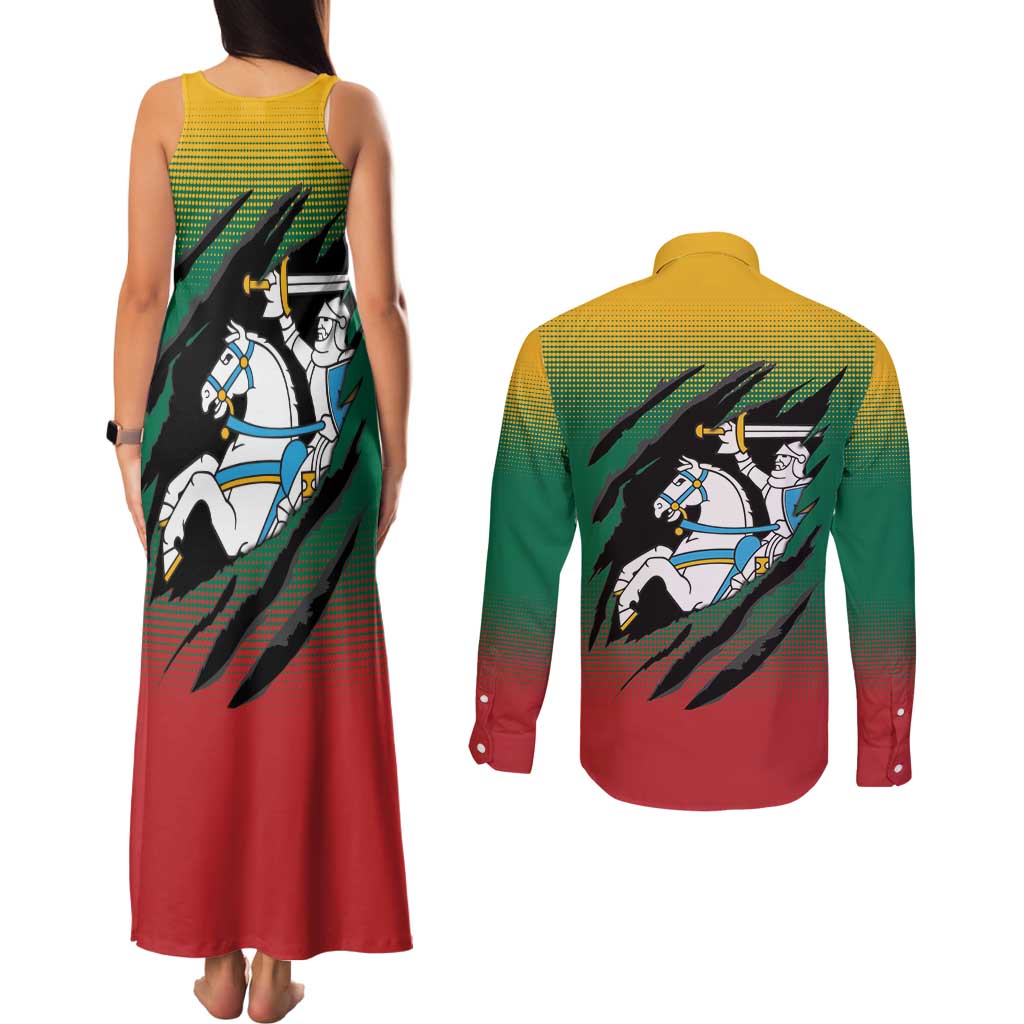 Lithuania Vytis Couples Matching Tank Maxi Dress and Long Sleeve Button Shirt Lietuvos Chasing and Fighting