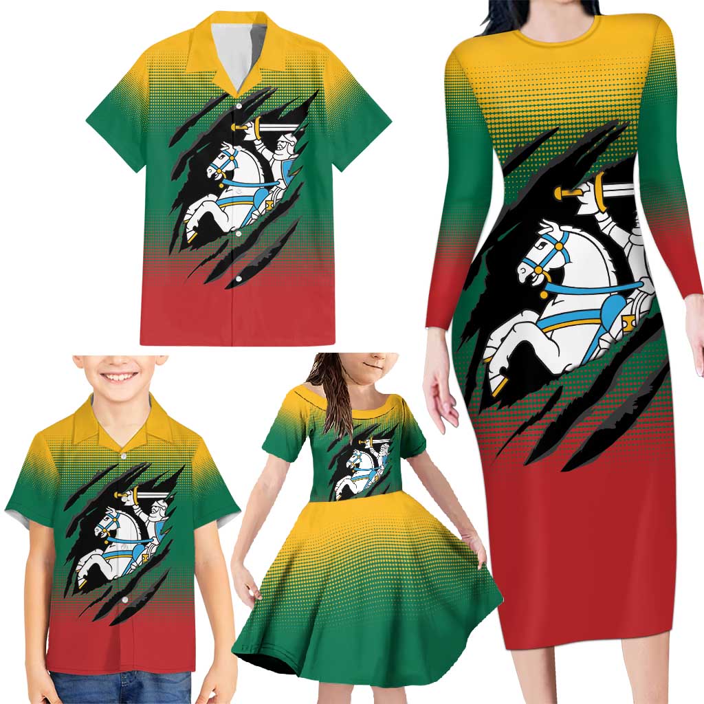 Lithuania Vytis Family Matching Long Sleeve Bodycon Dress and Hawaiian Shirt Lietuvos Chasing and Fighting