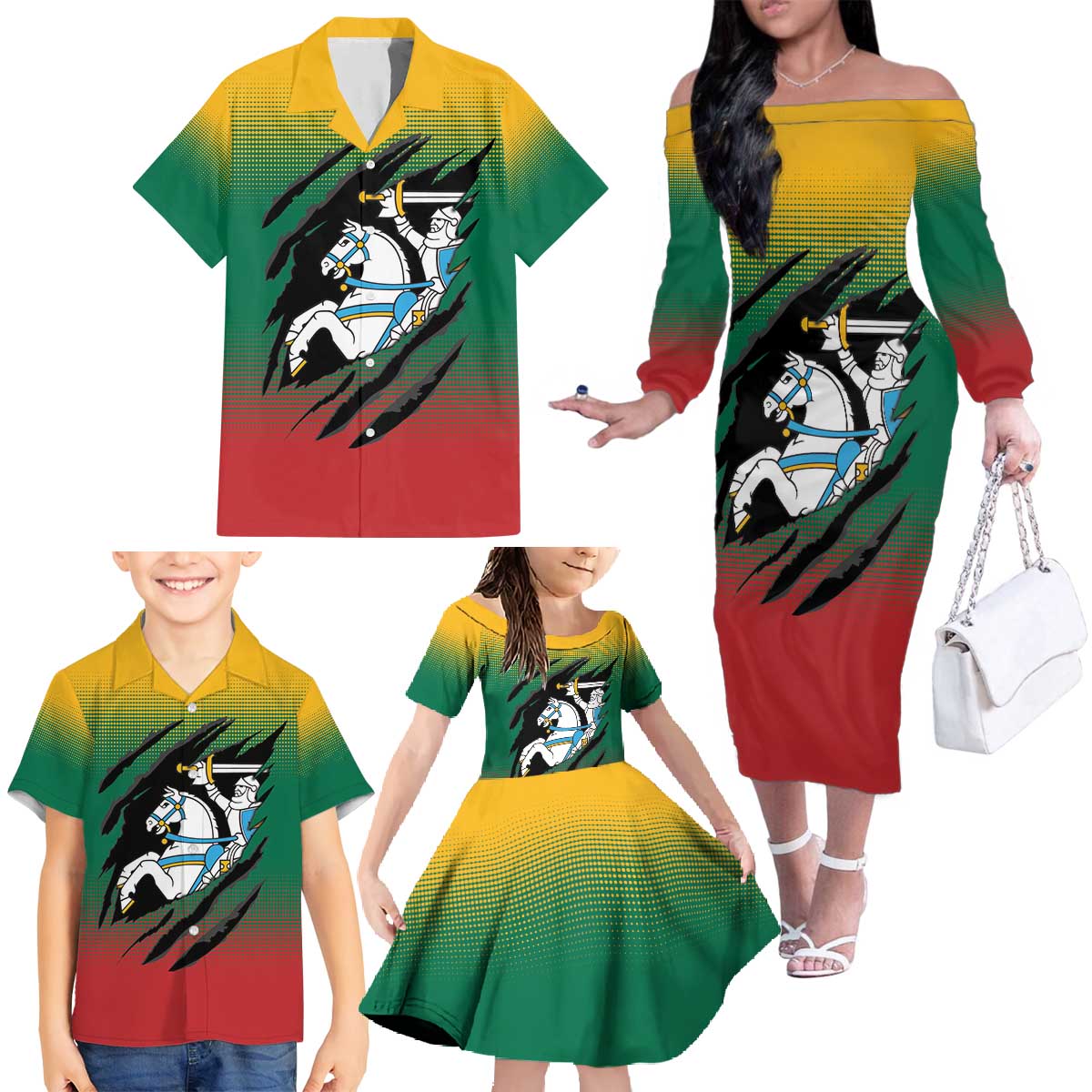 Lithuania Vytis Family Matching Off The Shoulder Long Sleeve Dress and Hawaiian Shirt Lietuvos Chasing and Fighting