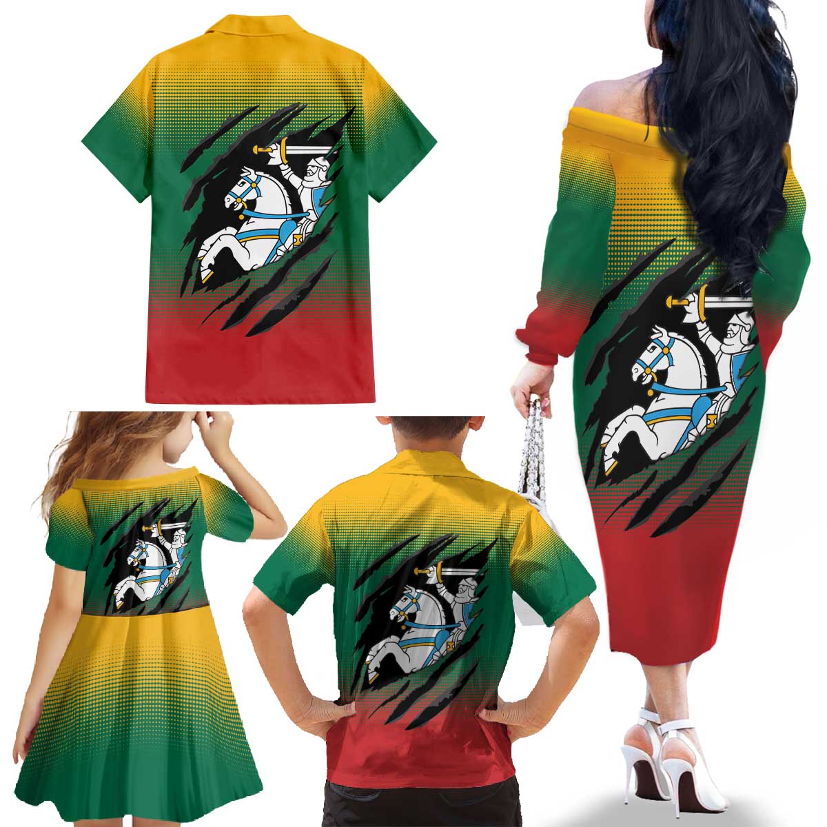 Lithuania Vytis Family Matching Off The Shoulder Long Sleeve Dress and Hawaiian Shirt Lietuvos Chasing and Fighting