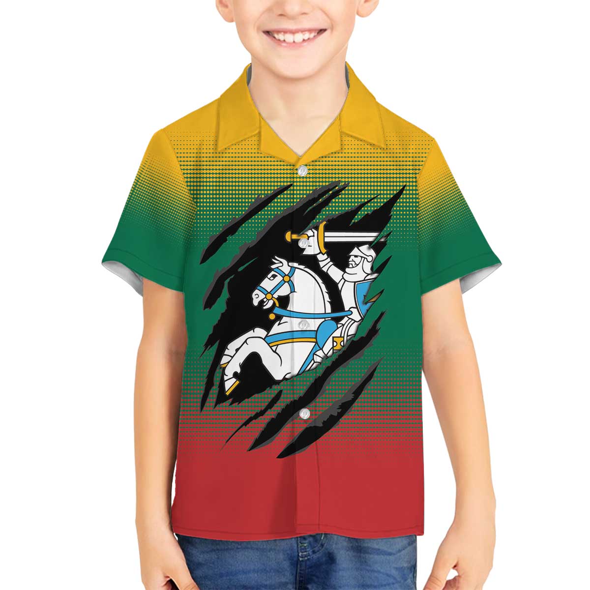 Lithuania Vytis Family Matching Off The Shoulder Long Sleeve Dress and Hawaiian Shirt Lietuvos Chasing and Fighting