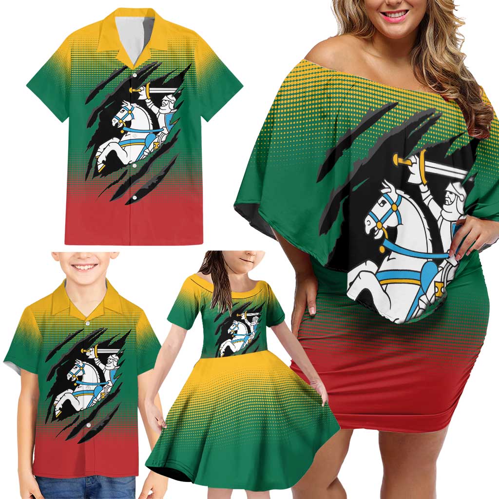 Lithuania Vytis Family Matching Off Shoulder Short Dress and Hawaiian Shirt Lietuvos Chasing and Fighting