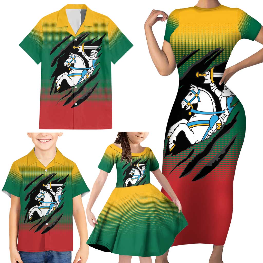 Lithuania Vytis Family Matching Short Sleeve Bodycon Dress and Hawaiian Shirt Lietuvos Chasing and Fighting