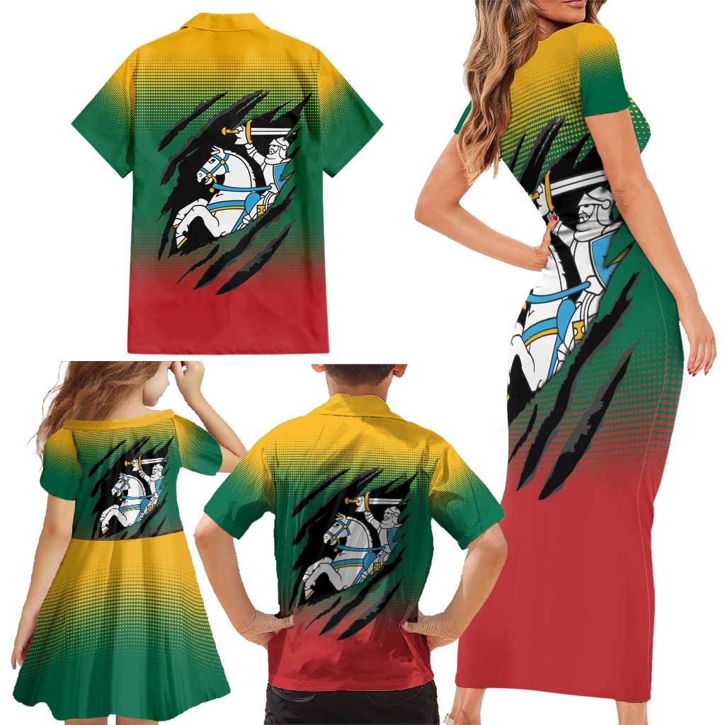 Lithuania Vytis Family Matching Short Sleeve Bodycon Dress and Hawaiian Shirt Lietuvos Chasing and Fighting