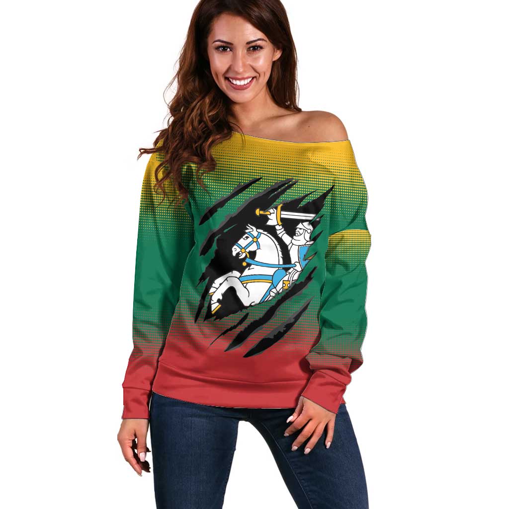 Lithuania Vytis Off Shoulder Sweater Lietuvos Chasing and Fighting