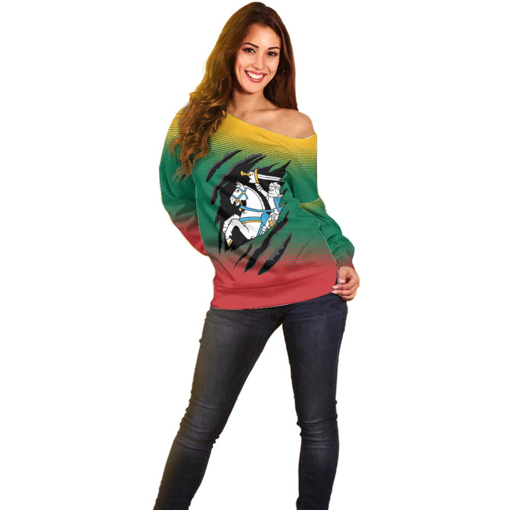 Lithuania Vytis Off Shoulder Sweater Lietuvos Chasing and Fighting