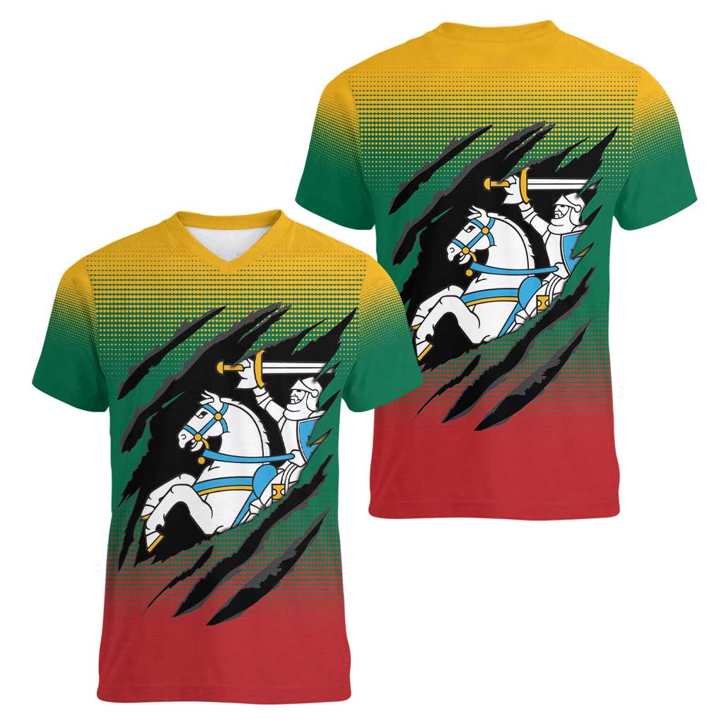 Lithuania Vytis Women V-Neck T-Shirt Lietuvos Chasing and Fighting