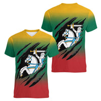 Lithuania Vytis Women V-Neck T-Shirt Lietuvos Chasing and Fighting