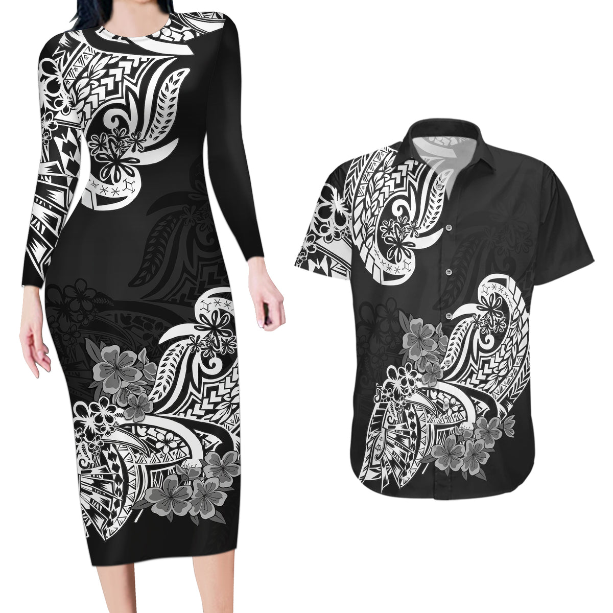 Polynesian Couples Matching Long Sleeve Bodycon Dress and Hawaiian Shirt Pacific Flower Mix Floral Tribal Tattoo Black Vibe LT9 - Wonder Print Shop
