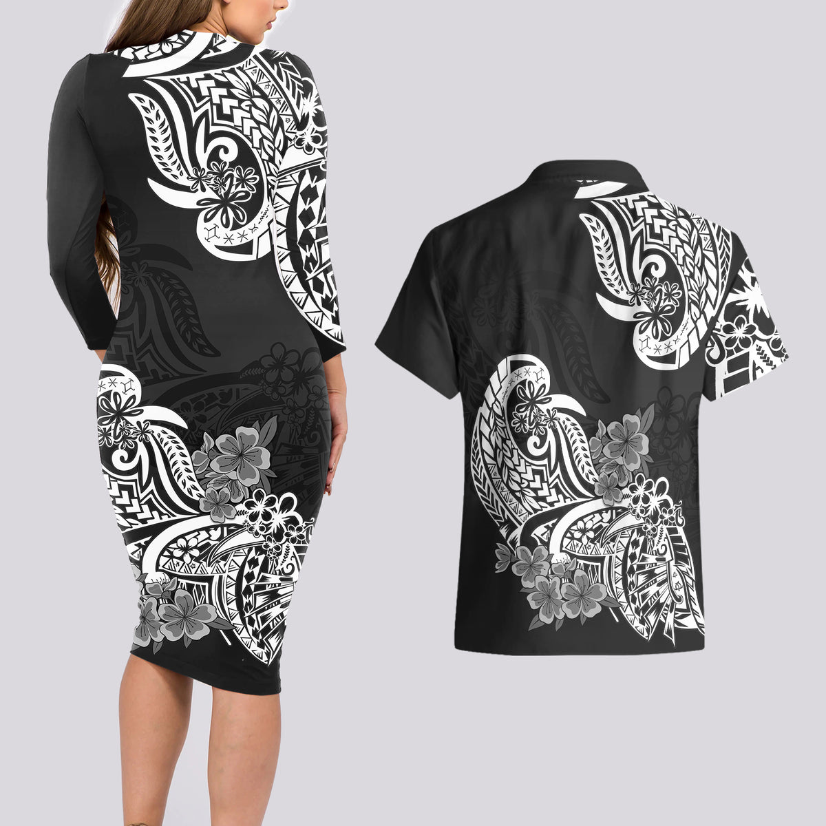 Polynesian Couples Matching Long Sleeve Bodycon Dress and Hawaiian Shirt Pacific Flower Mix Floral Tribal Tattoo Black Vibe LT9 - Wonder Print Shop