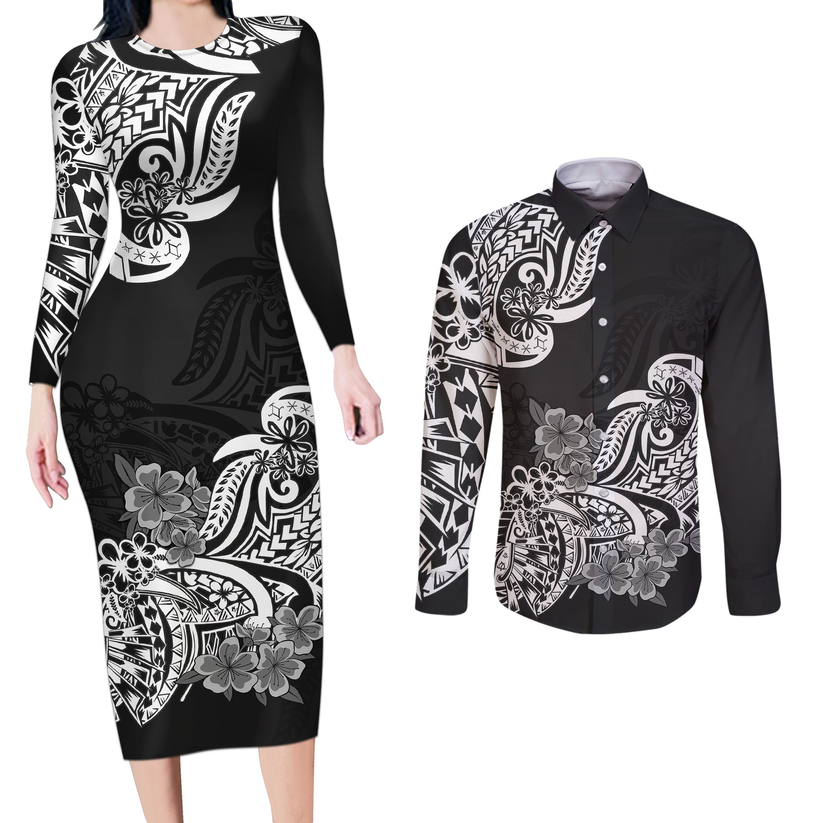 Polynesian Couples Matching Long Sleeve Bodycon Dress and Long Sleeve Button Shirts Pacific Flower Mix Floral Tribal Tattoo Black Vibe LT9 - Wonder Print Shop
