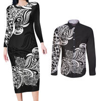 Polynesian Couples Matching Long Sleeve Bodycon Dress and Long Sleeve Button Shirts Pacific Flower Mix Floral Tribal Tattoo Black Vibe LT9 - Wonder Print Shop
